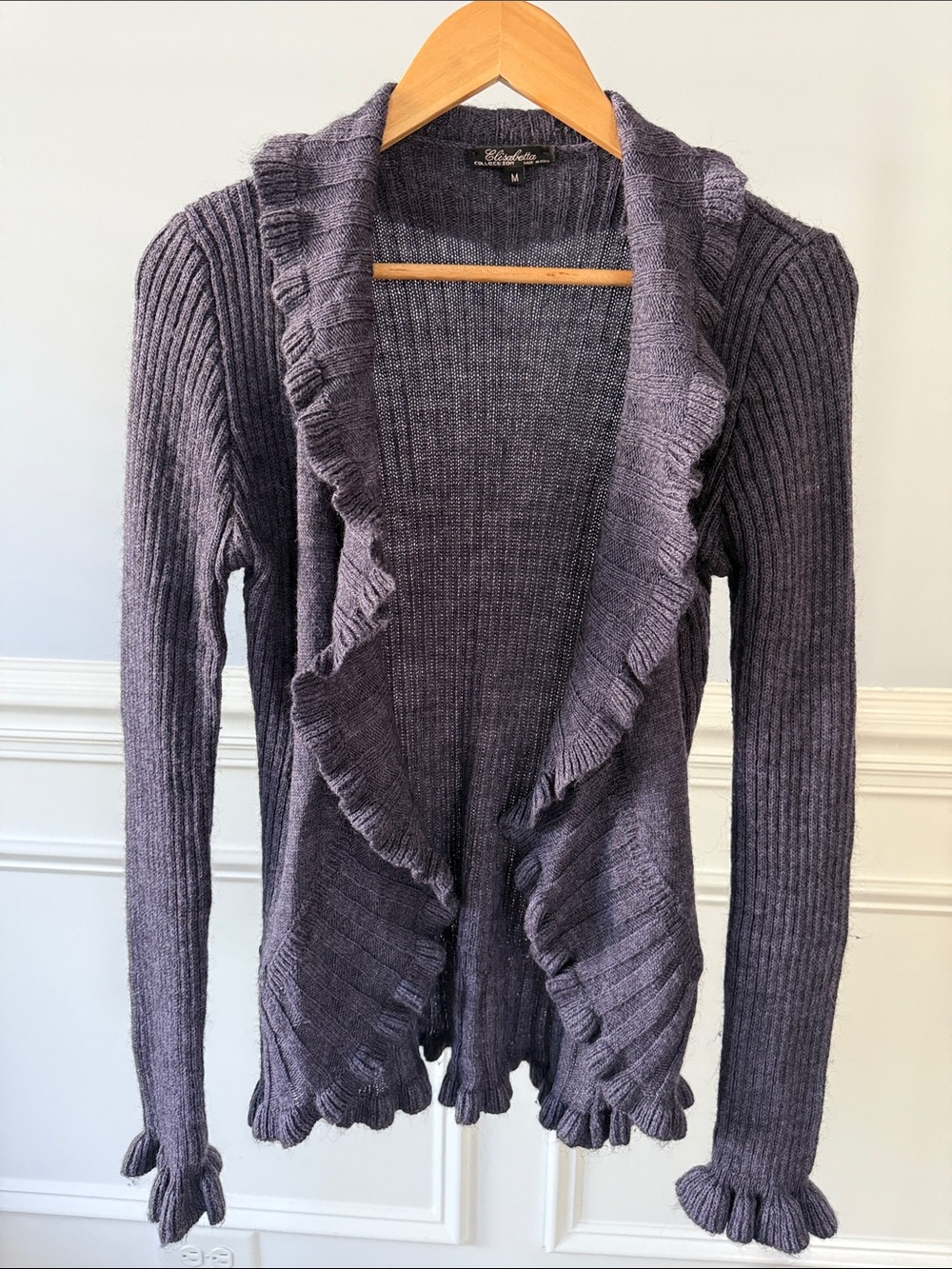 Elisabetta Collection Ruffle Cardigan Womens M Purple Ribbed Knit Made Italy